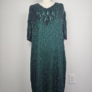 Women's Vintage Beaded 100% Silk Emerald Green Dress Size 2X